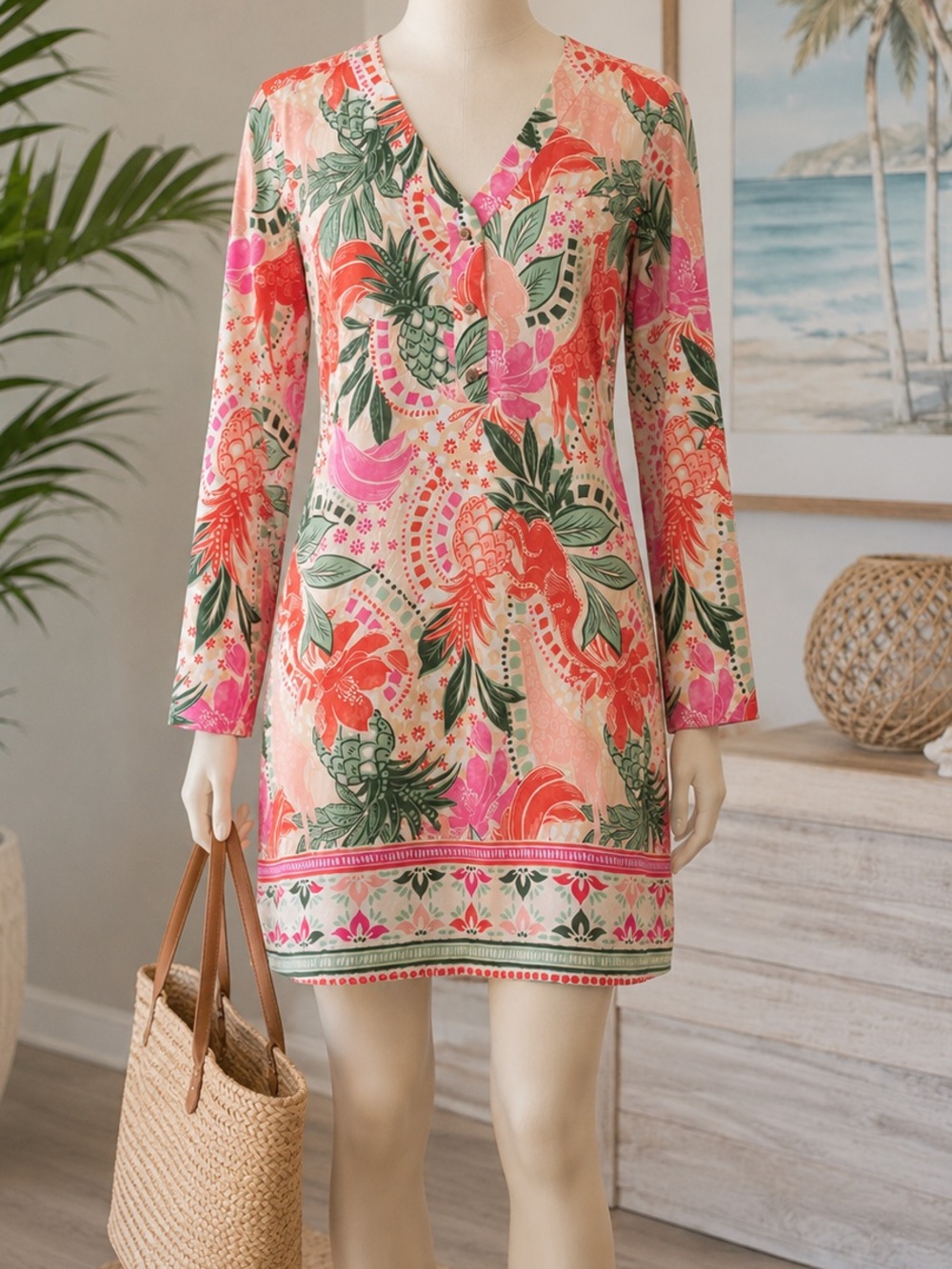 Caribbean Joe Coral & Pink Tropical V-Neck Mini Dress